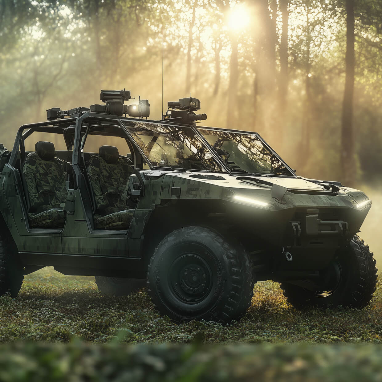 about-us-square A rugged, camouflaged all-terrain vehicle equipped with advanced tech gear and military-style features is parked in a sunlit forest. The light filters through the trees, creating a serene yet tactical atmosphere.