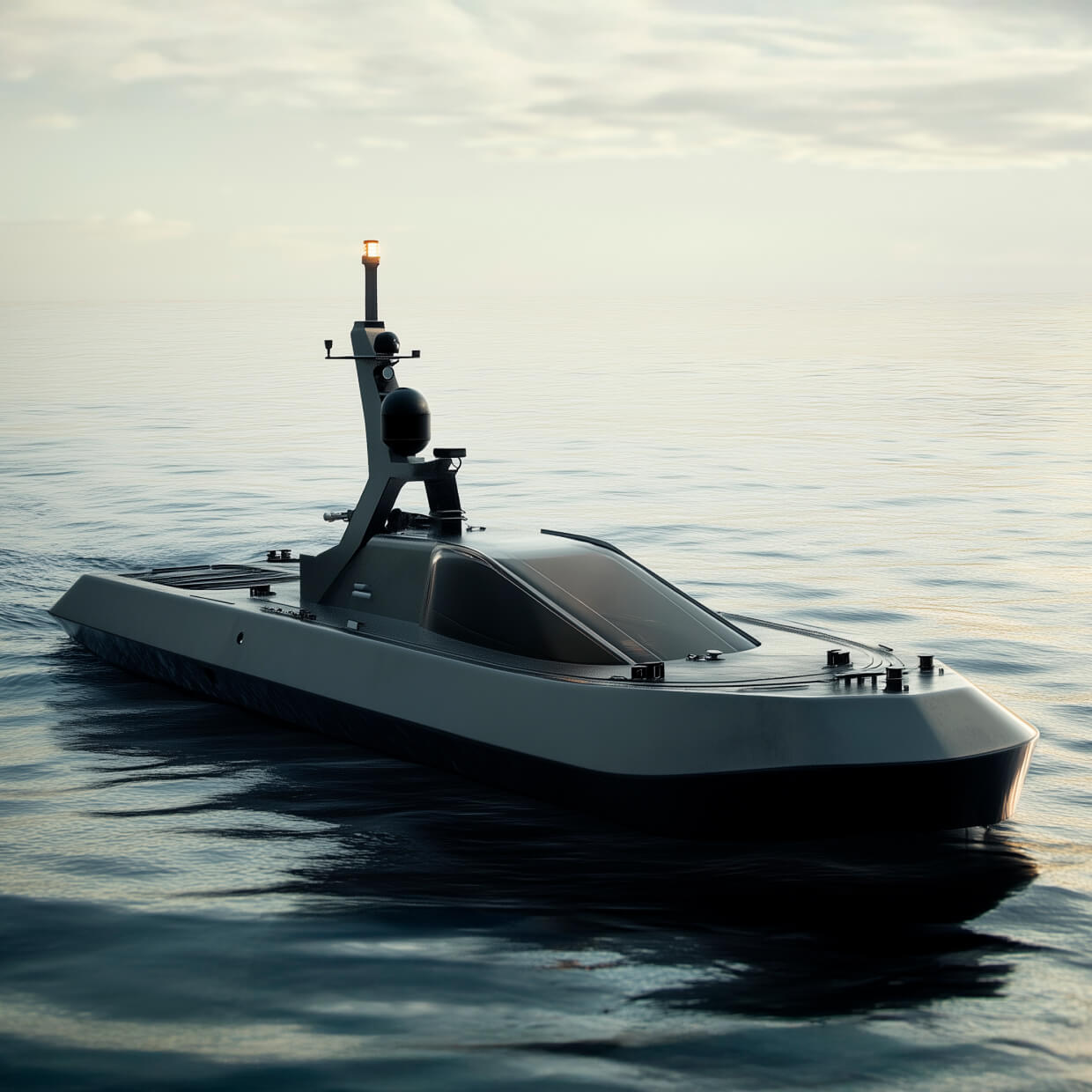 defence-solution-square A sleek, modern unmanned surface vessel navigates calm ocean waters under a cloudy sky, equipped with advanced sensors and technology for surveillance. The vessel's streamlined design reflects light off the water.