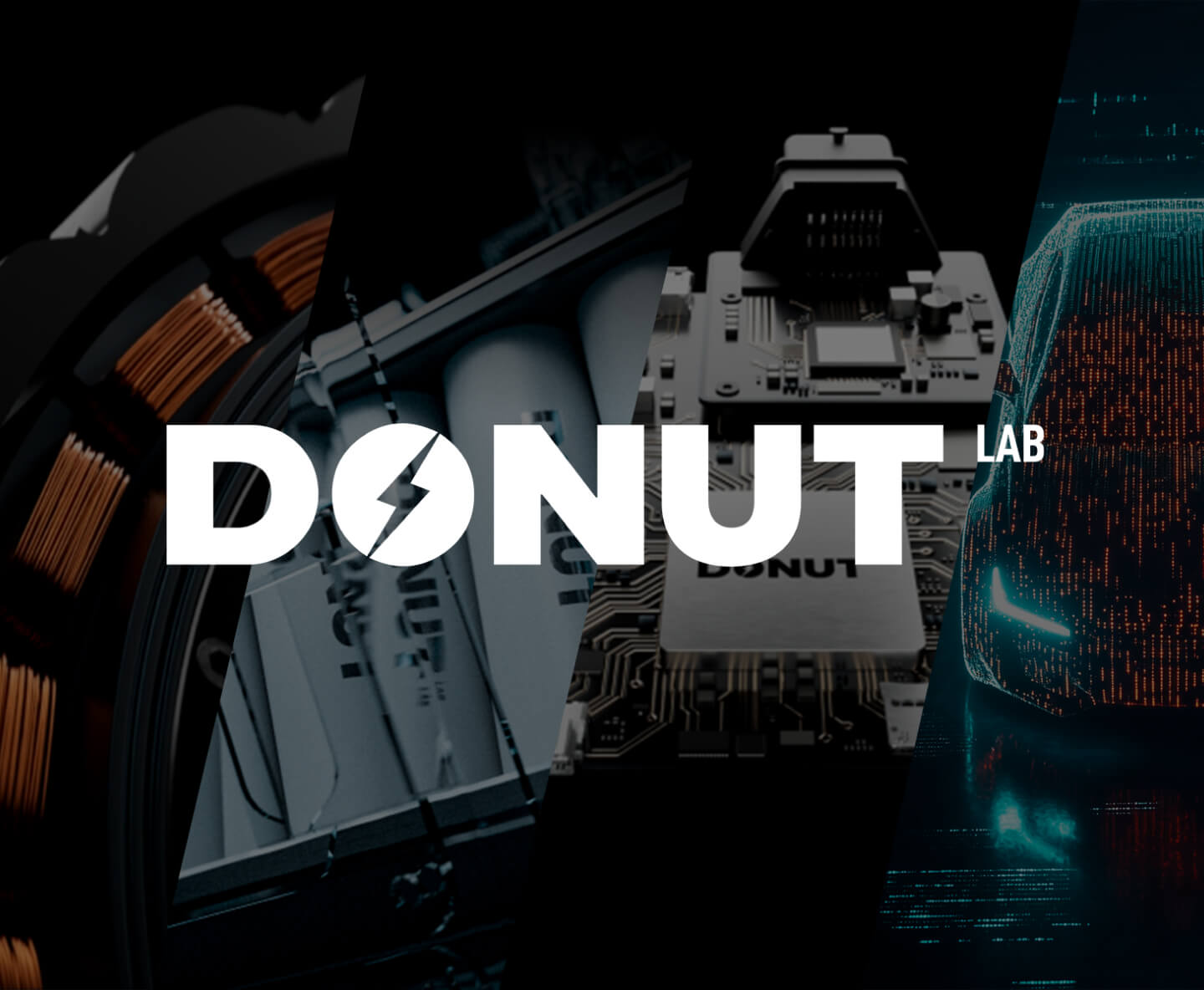 A graphic featuring the text "DONUT LAB" with a lightning bolt in place of the "O." The background shows technology elements, including a coil, a close-up of machinery, and digital circuits.