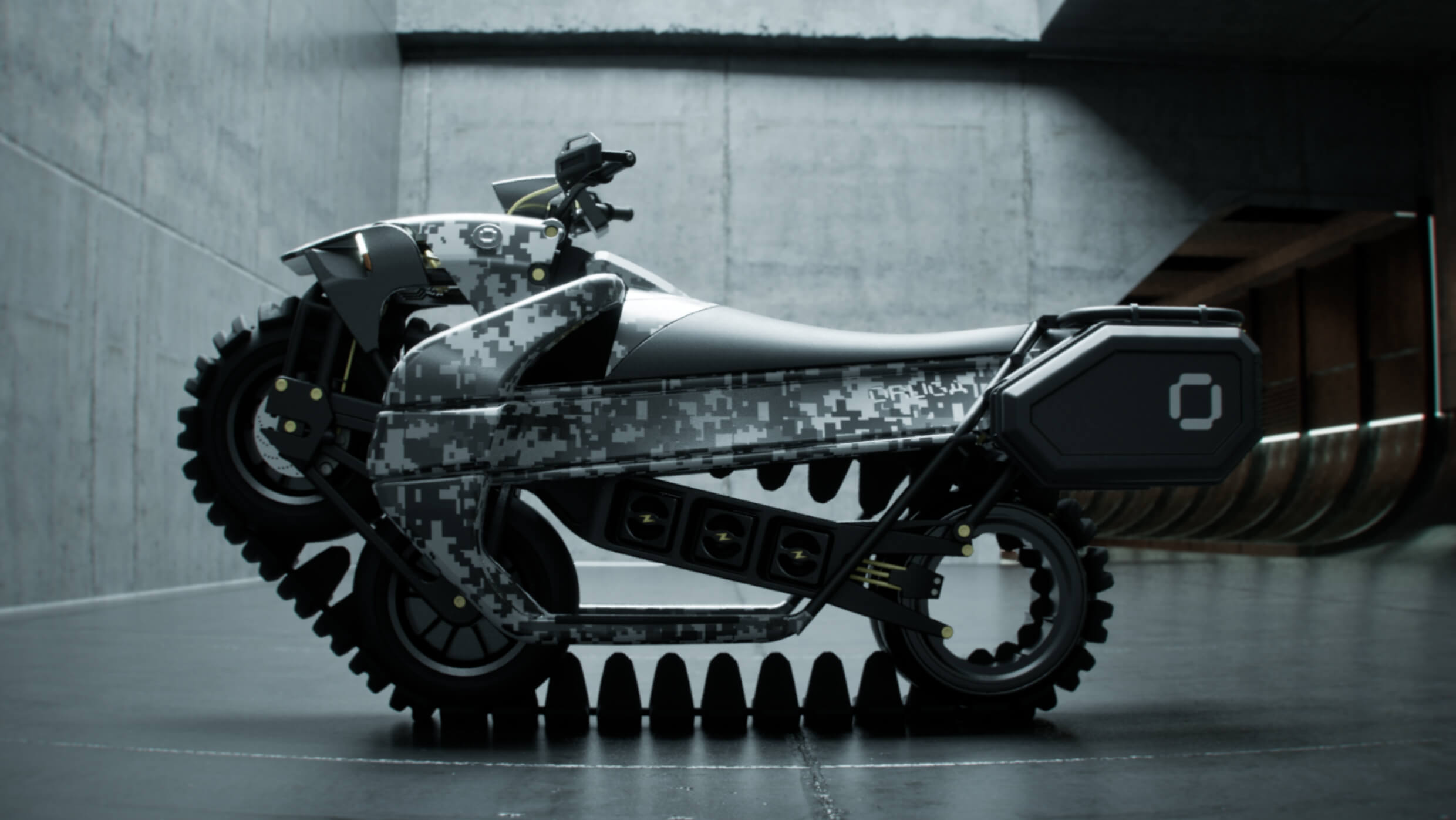 oruga A futuristic motorcycle with a sleek design and gray digital camouflage pattern is parked indoors on a smooth, dark surface. The bike features unique, gear-like wheels and an angular frame.