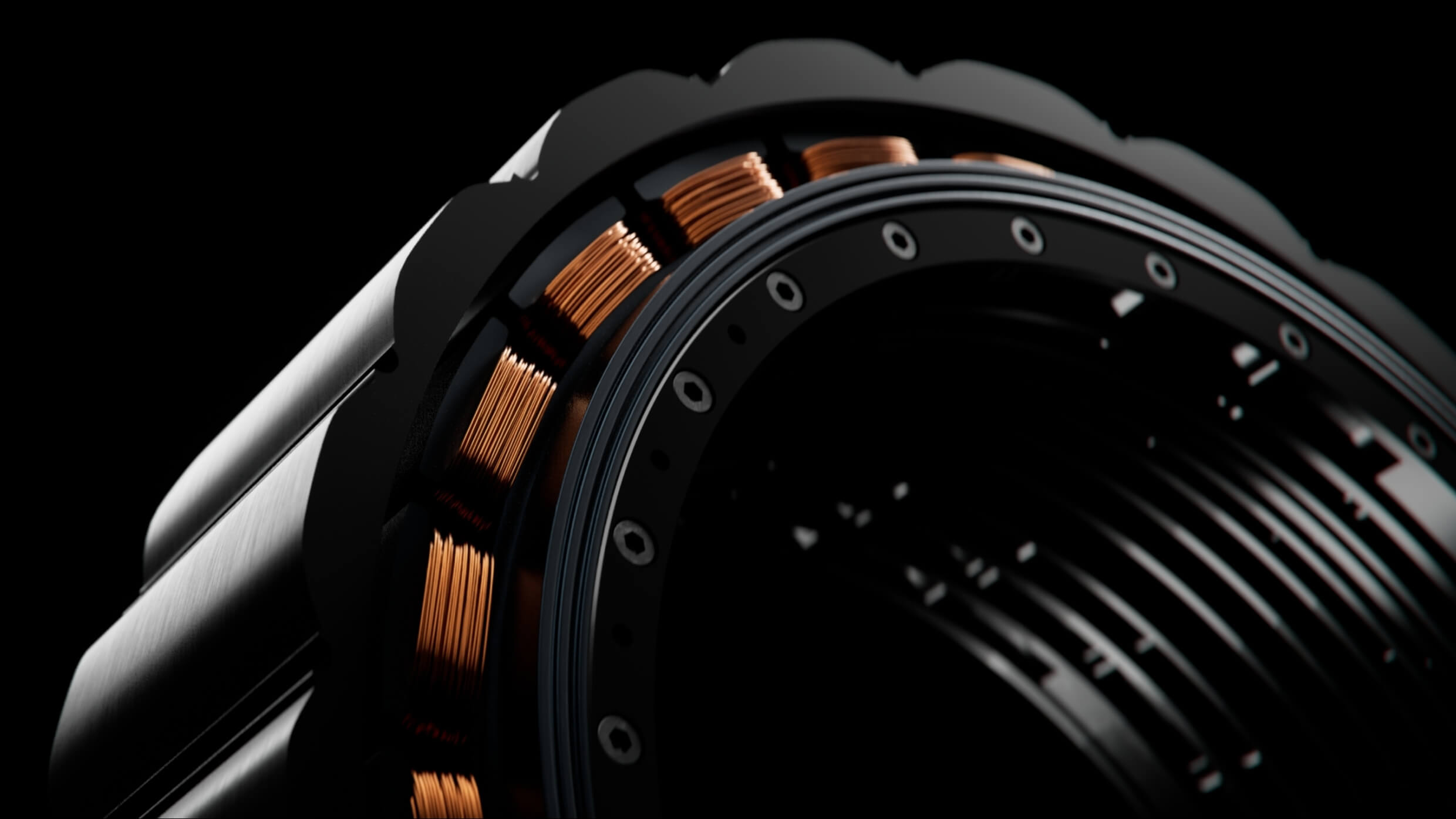 Close-up of a mechanical component with copper coils arranged circularly around a dark, ridged surface. The coils are enclosed within a black metal casing, and the background is a solid black, emphasizing the intricate structure.